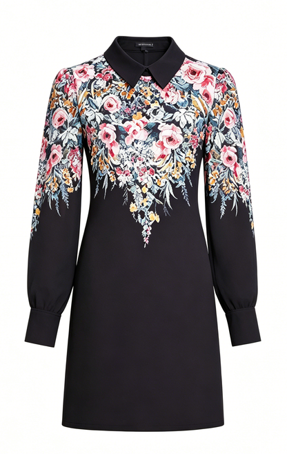 Black Floral Mini Dress with Chiffon Sleeves and Collar - LAI MENG FIVE CATS