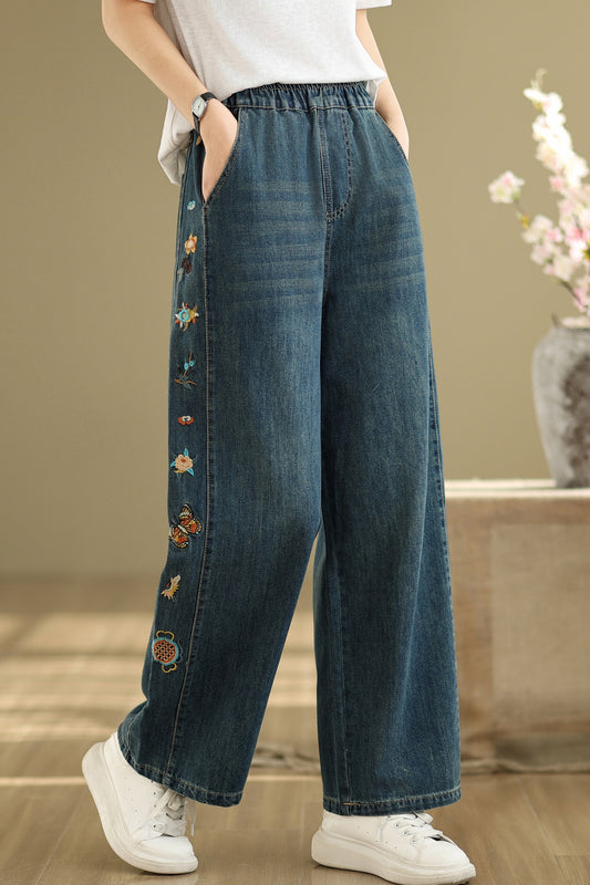 Women's Elastic Waist Embroidery Jeans Pants