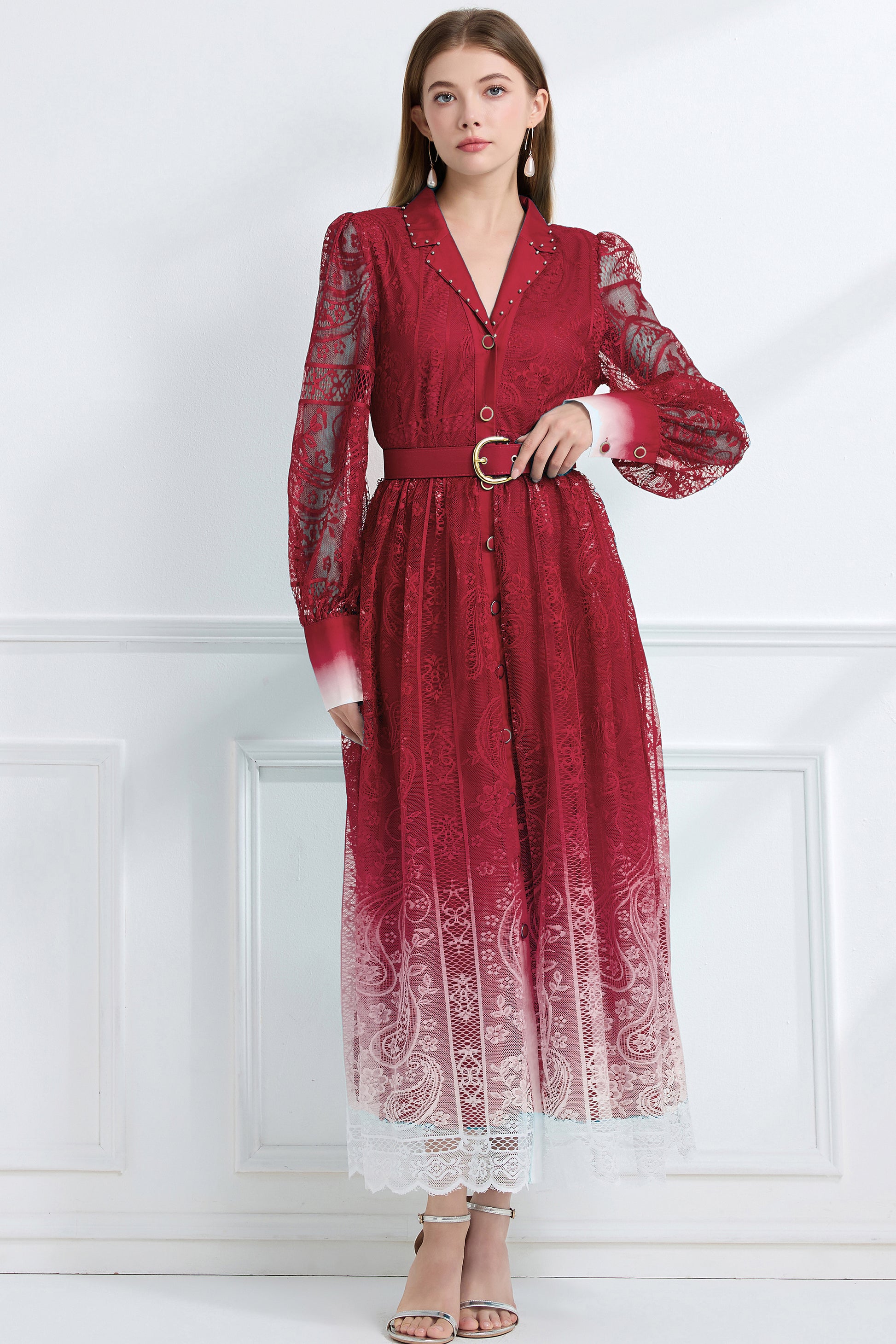 Women's V-Neck Button Lace Maxi Dress - LAI MENG FIVE CATS