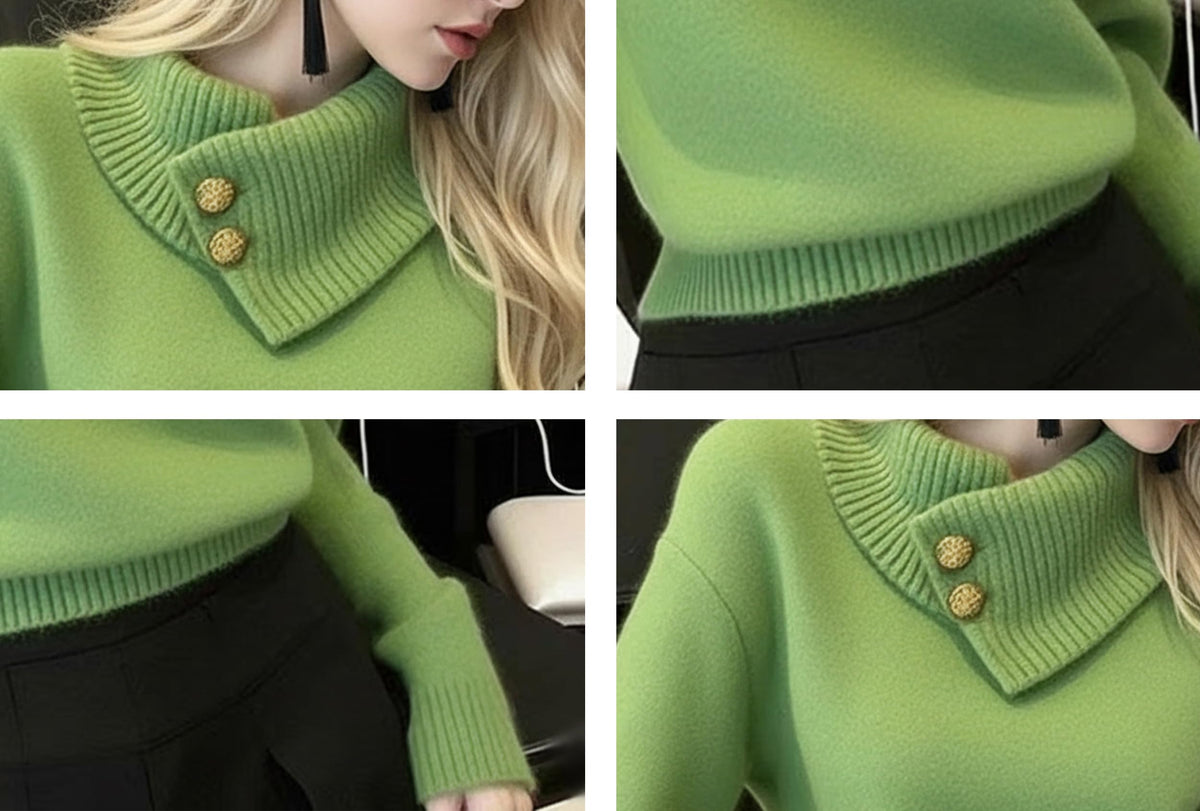 Women's Fine-Knit Funnel Neck Top — Asymmetric Fold Collar with Button Detail