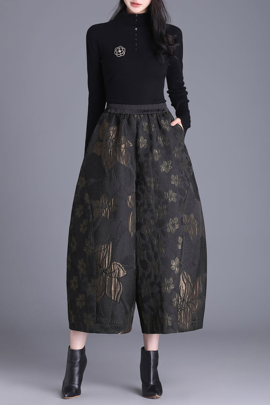 High Waisted Jacquard Cropped Loose Pants