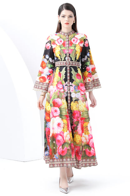 Women's Floral Print Bell Sleeves Maxi Dress