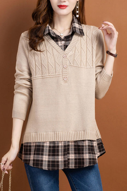 Women's V Neck Plaid Layered Look Knit Pullover Tops