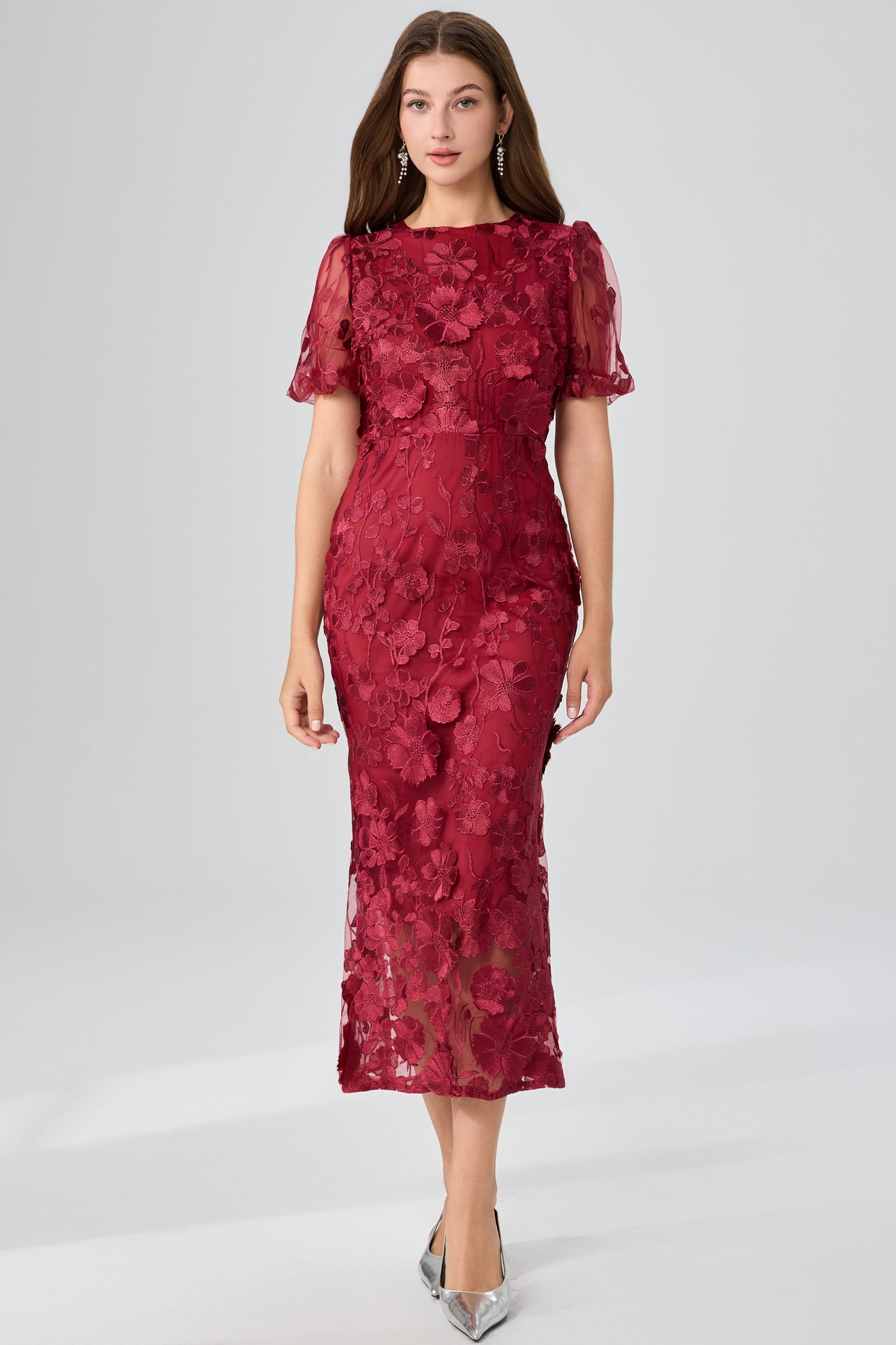Women's 3D Floral Short Sleeves Fishtail Mesh Maxi Dress