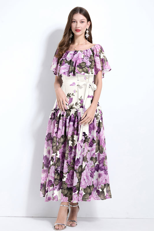 Off The Shoulder Floral Flowy Tied Maxi Dress