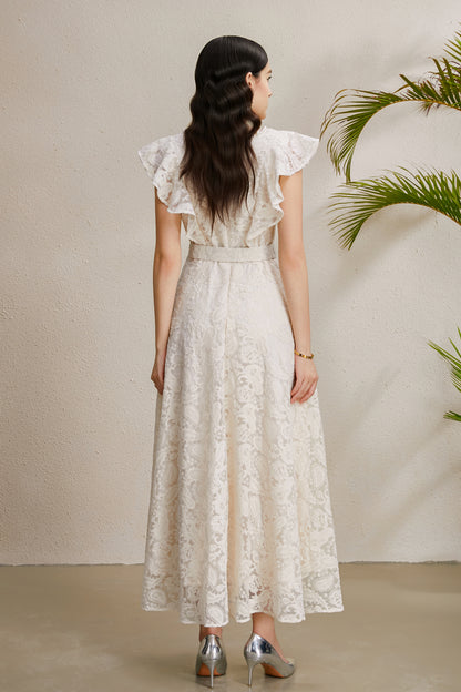Women's Pearl V-Neck Lace Sleeveless Ruffled Sleeves Maxi Dress