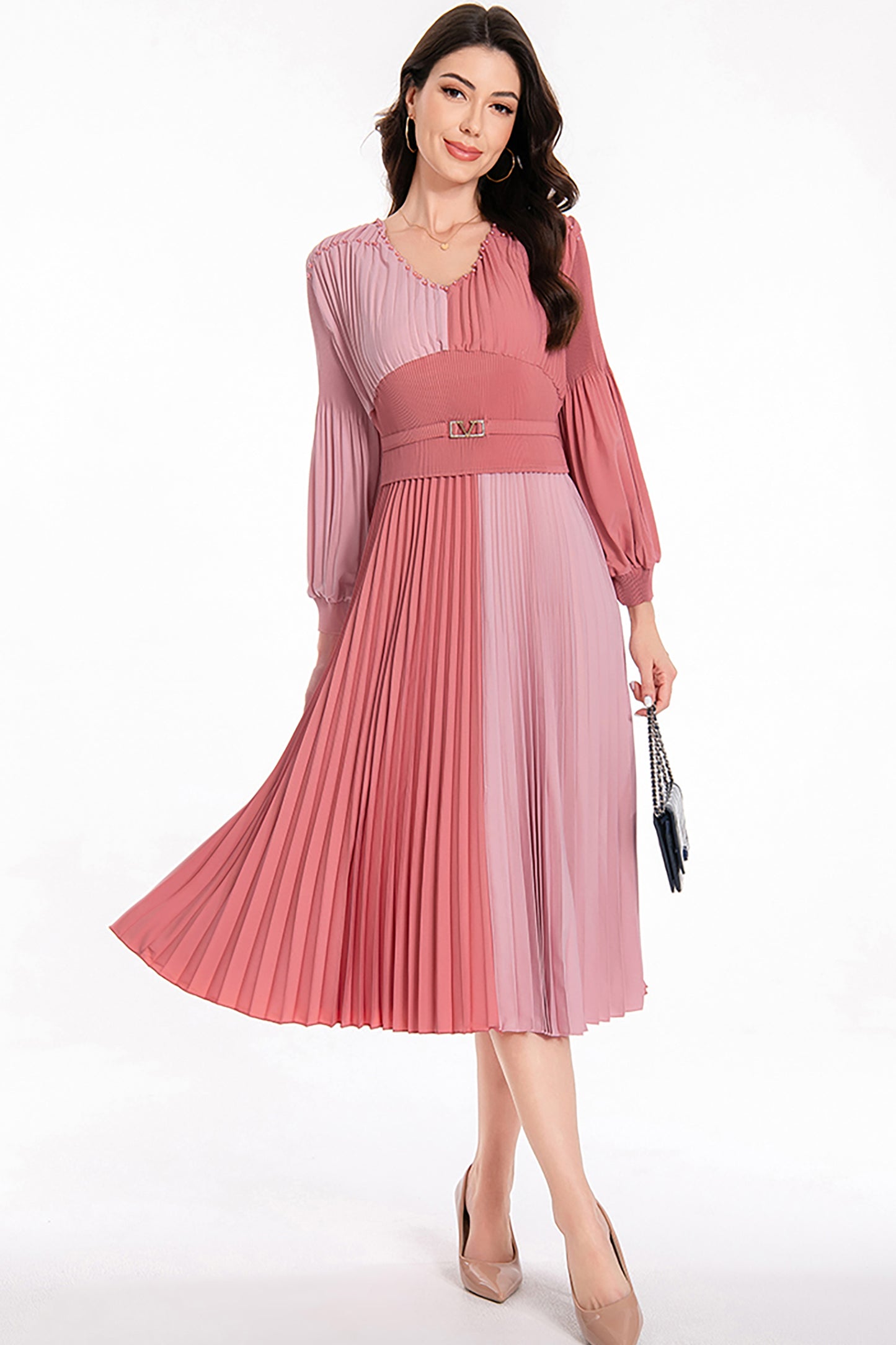 Women's Puff Sleeves V-Neck Solid Color Pleated Dress