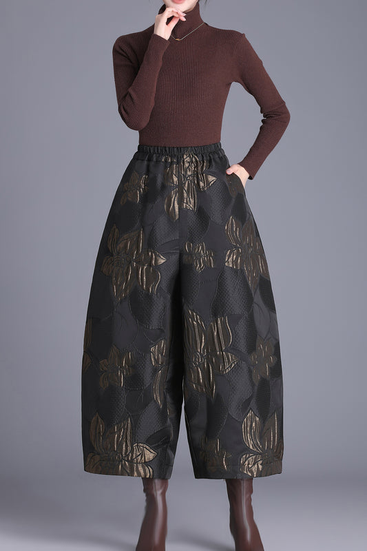 High Waisted Jacquard Cropped Loose Pants