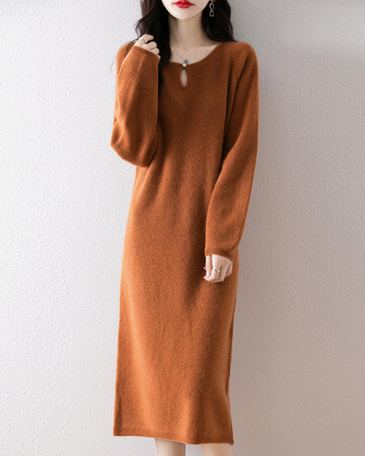 Ribbed Knit Midi Dress — Keyhole Neckline & Soft Relaxed Fit