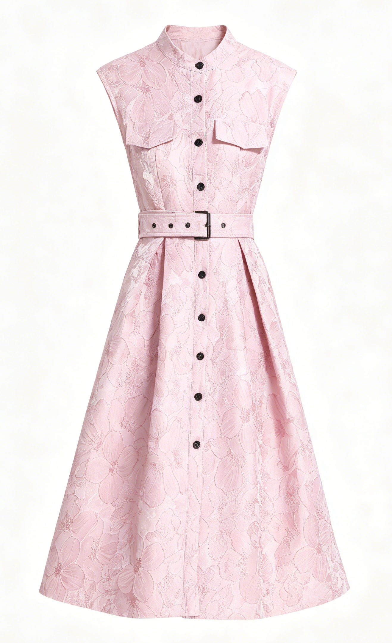Pink Jacquard Midi Dress with Belt - LAI MENG FIVE CATS