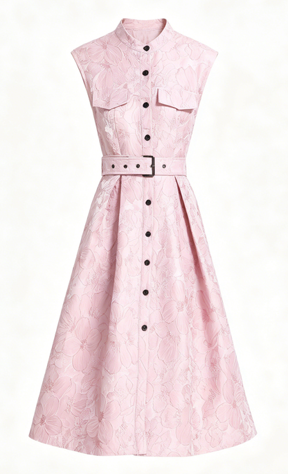 Pink Jacquard Midi Dress with Belt - LAI MENG FIVE CATS
