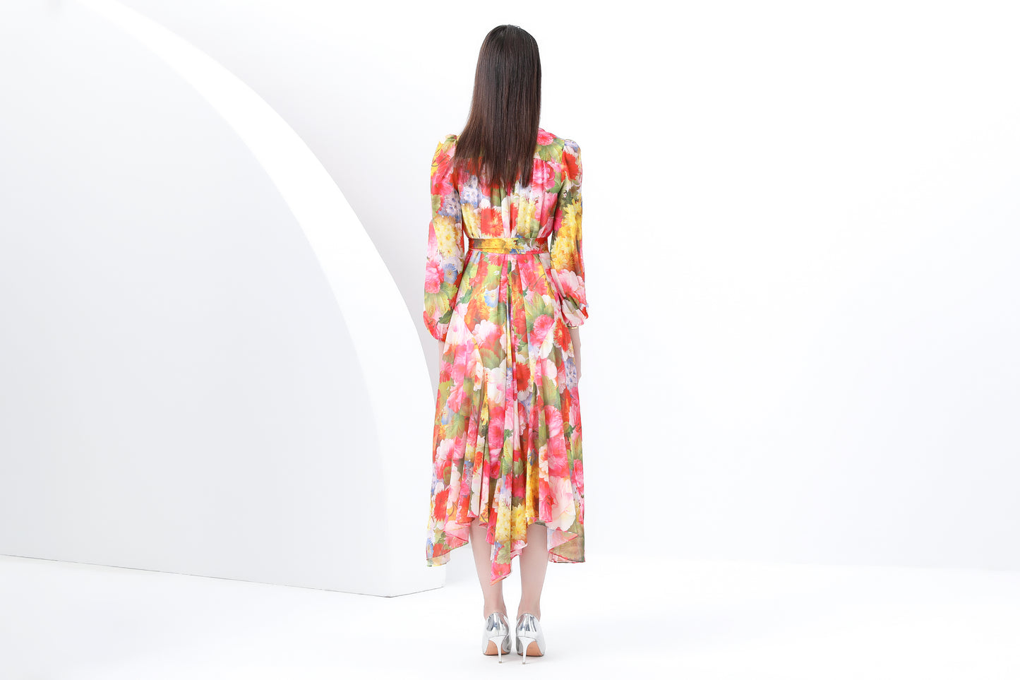 Women's Tie-Neck Foral Print Irregular Hem Midi Dress