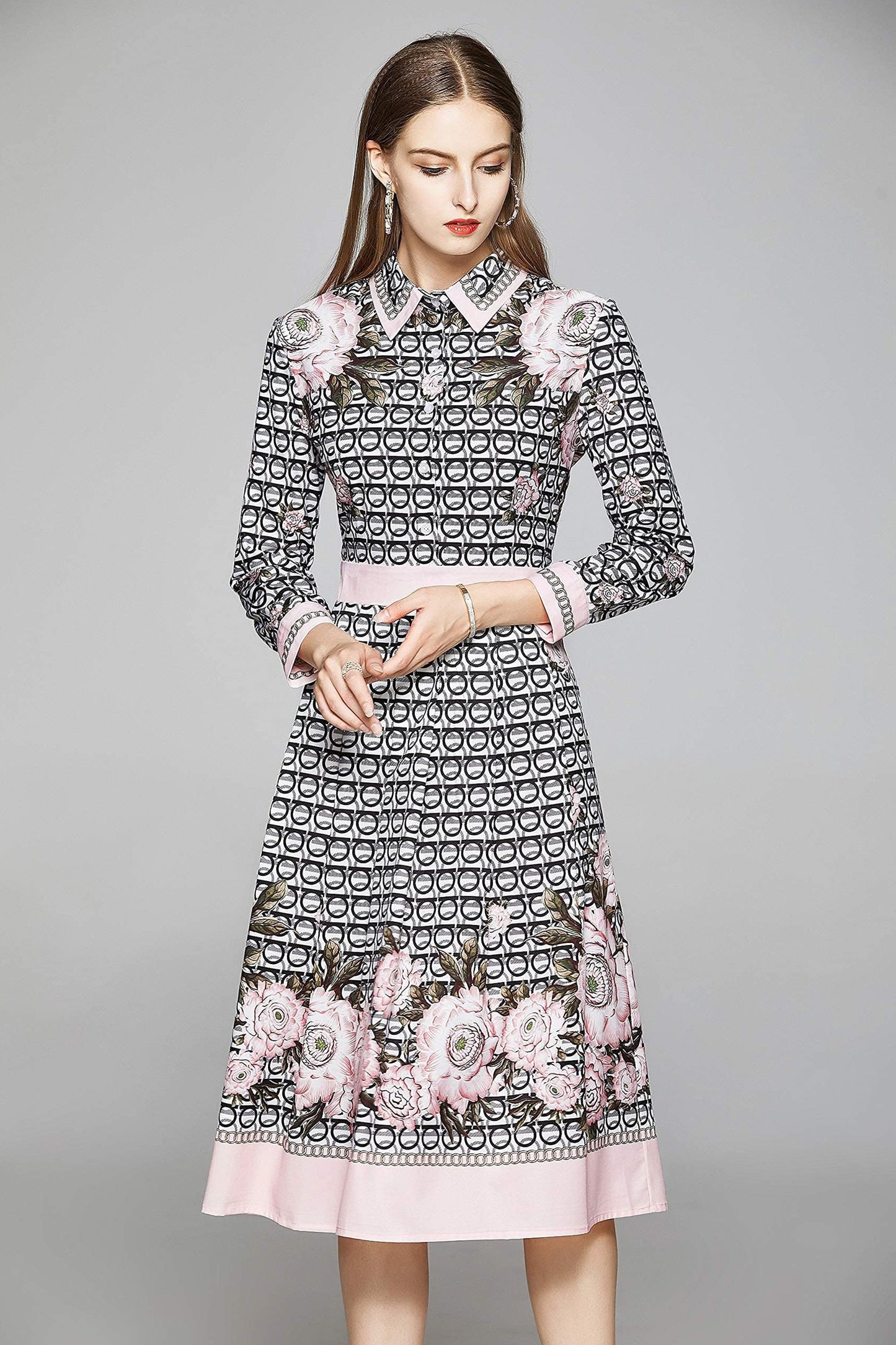 SSY-Women's 3/4 Sleeve Floral Print Button up Midi Dress