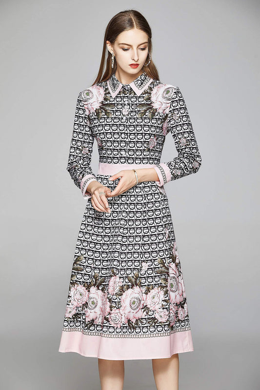 SSY-Women's 3/4 Sleeve Floral Print Button up Midi Dress