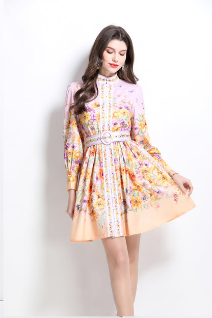 Women's Floral Print Button Lantern Sleeve Mini Dress