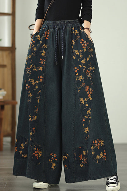 Women's Denim Wide Leg Baggy Jeans Drawstring Pants