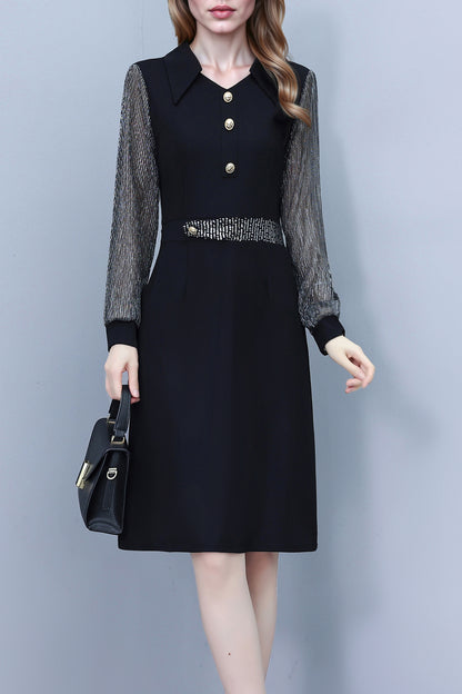 Women's V-Neck Long Sleeve with Pockets Black Dress