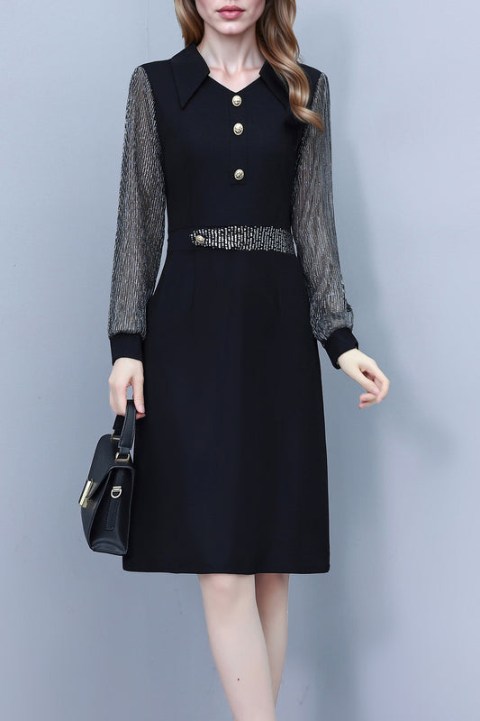 Women's V-Neck Long Sleeve with Pockets Black Dress