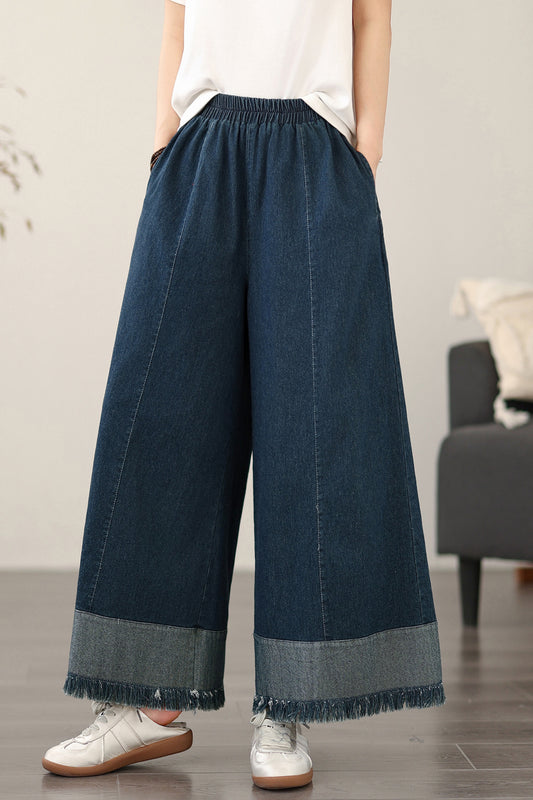 Women's Elastic Waist Wide Leg Denim Pants