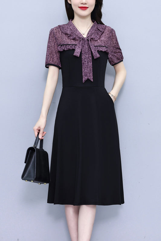 Women's Tie V-Neck Short Sleeve Pocket Midi Dress