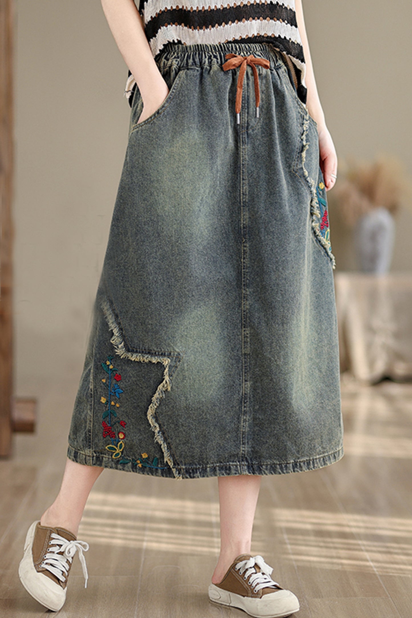 Women's Denim Drawstring Waist Pockets Jean Skirt