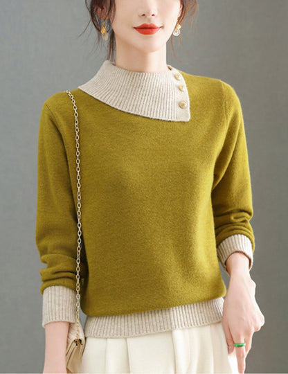 Chic Color-Block Knit Sweater – Asymmetric Neck Pullover Tops