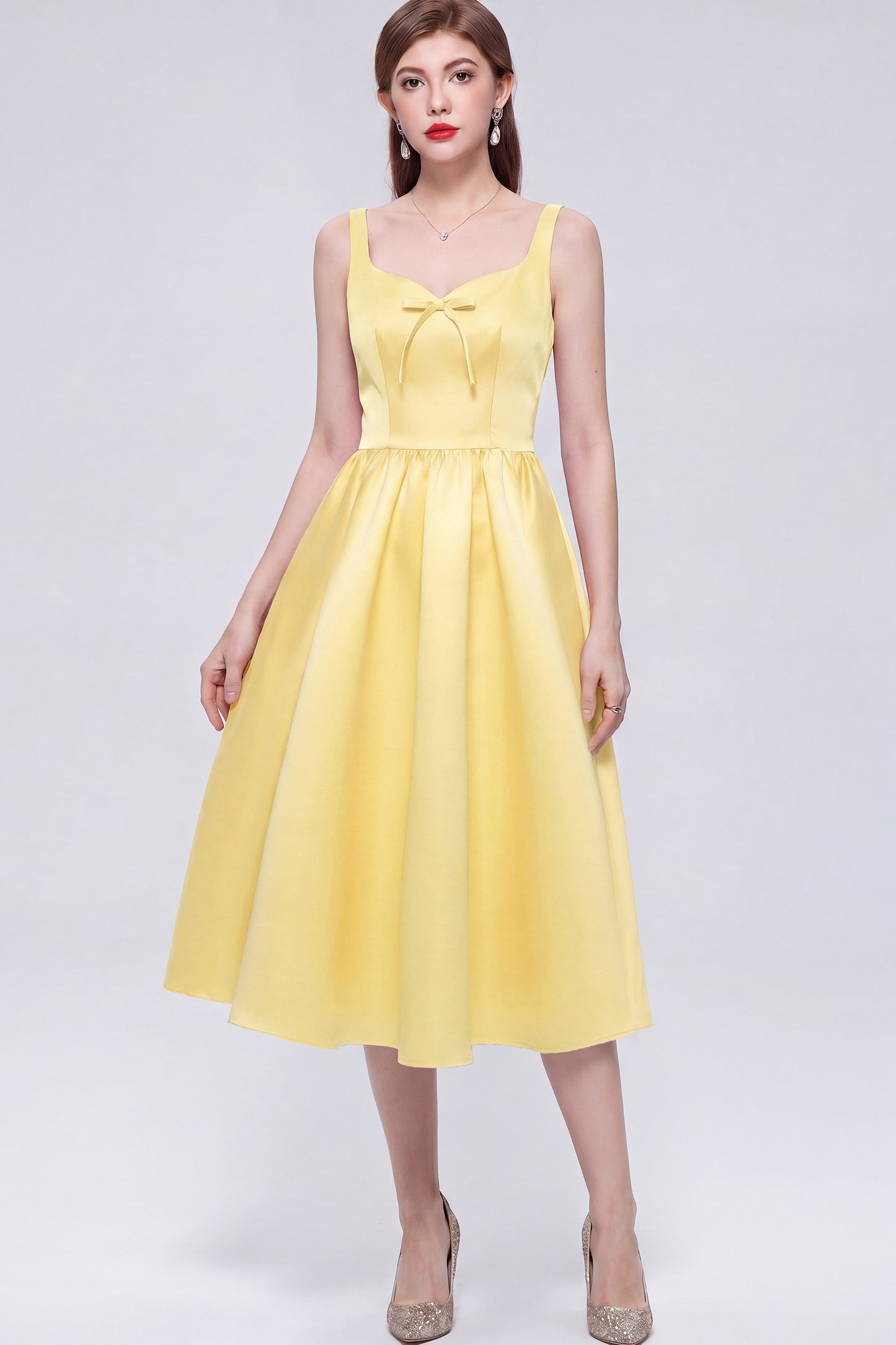 Elegant Yellow Satin Bow Sleeveless Strappy A-Line Party Midi Dress