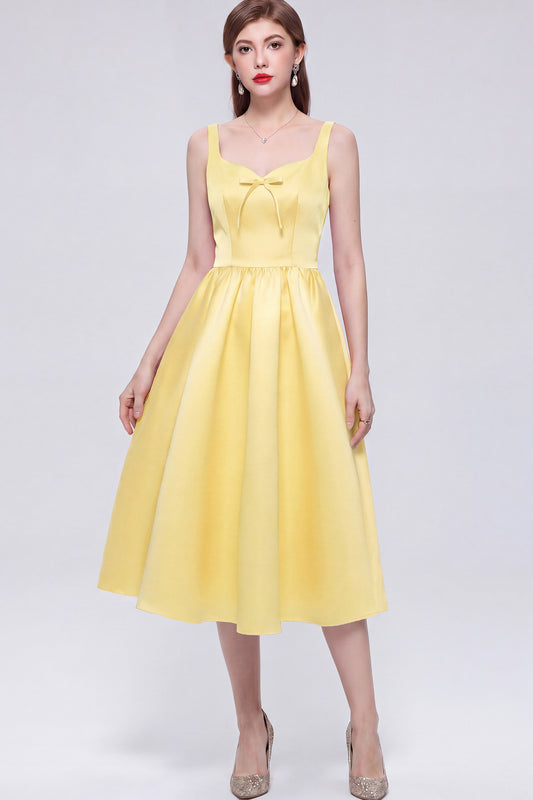 Elegant Yellow Satin Bow Sleeveless Strappy A-Line Party Midi Dress