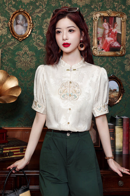 Women's Silk Satin Embroidery Jacquard Blouse Tops