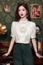 Women's Silk Satin Embroidery Jacquard Blouse Tops