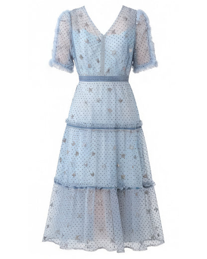 Butterfly Embroidered Mesh Midi Dress – Blue