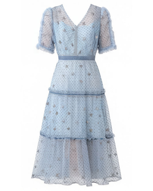 Butterfly Embroidered Mesh Midi Dress – Blue
