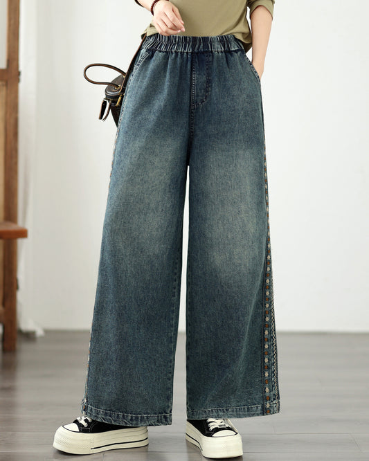 Vintage Embroidered Wide Leg Jeans with Elastic Waist Denim Pants - LAI MENG FIVE CATS