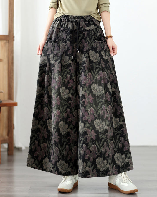 Boho Dark Floral Wide-Leg Jeans Elastic Waist Denim Pants - LAI MENG FIVE CATS