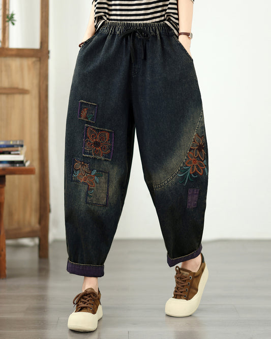 Vintage Embroidered Baggy Jeans Denim Harem Pants - LAI MENG FIVE CATS