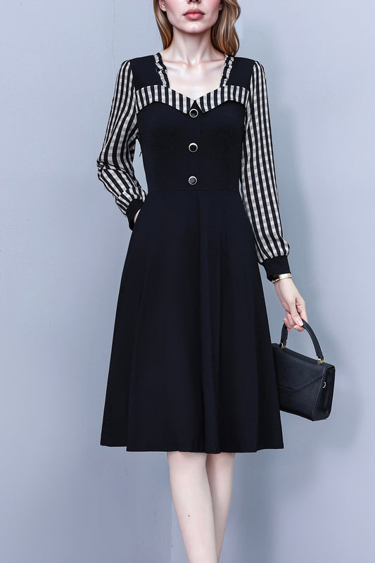 Women's Square Collar Long Sleeve Black Dress with Pocket