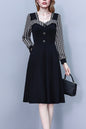 Women's Square Collar Long Sleeve Black Dress with Pocket - LAI MENG FIVE CATS