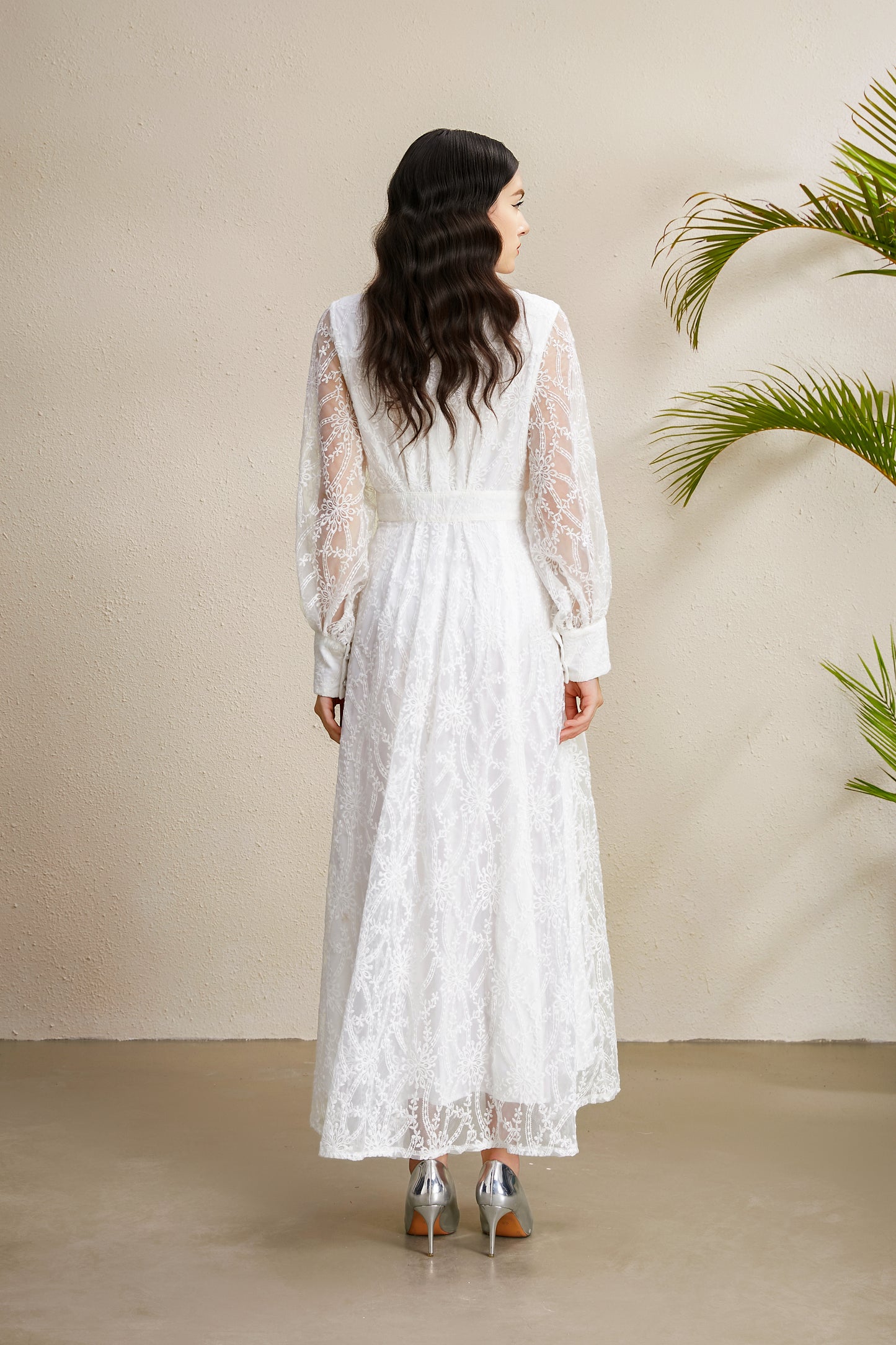 Women's V-Neck Lace Floral Lantern Sleeve Maxi Dress