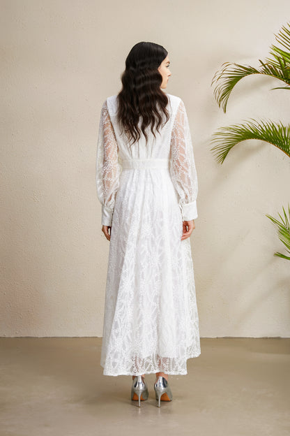 Women's V-Neck Lace Floral Lantern Sleeve Maxi Dress
