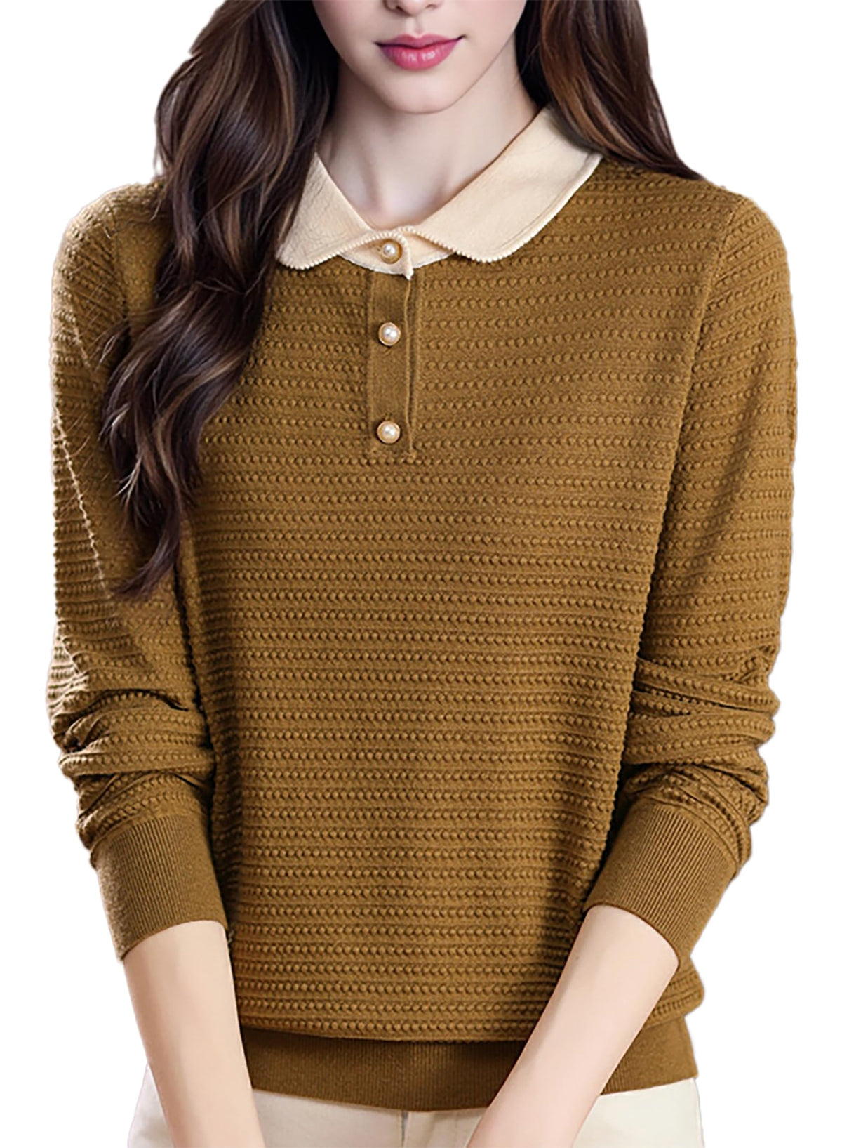 Long-Sleeve Knit Top — Polo Sweater Contrast Collar & Pearl Buttons