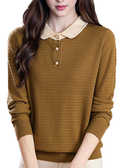 Long-Sleeve Knit Top — Polo Sweater Contrast Collar & Pearl Buttons