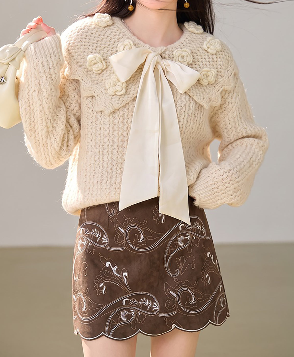 28725 Floral Bow Knit Sweater in Orange & Apricot