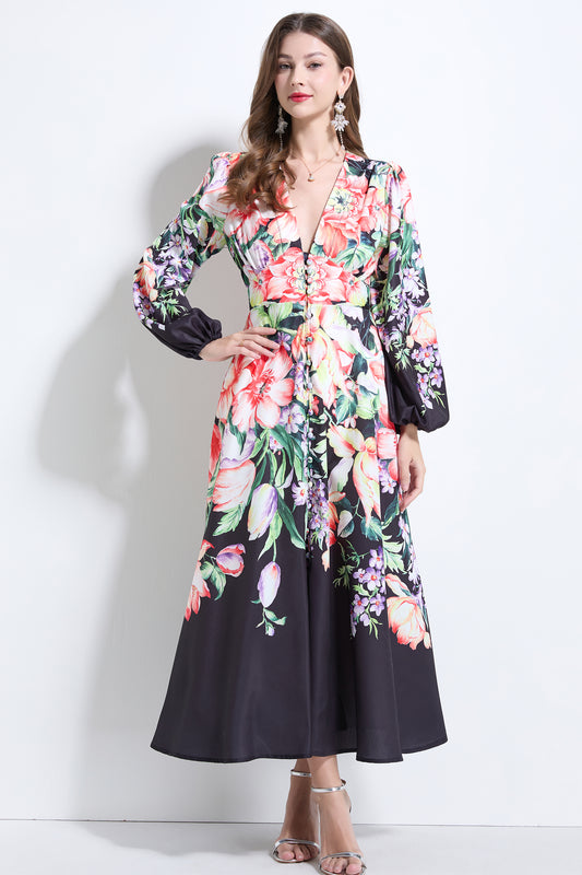 Women's Floral Print Button Front V Neck Maxi Dress