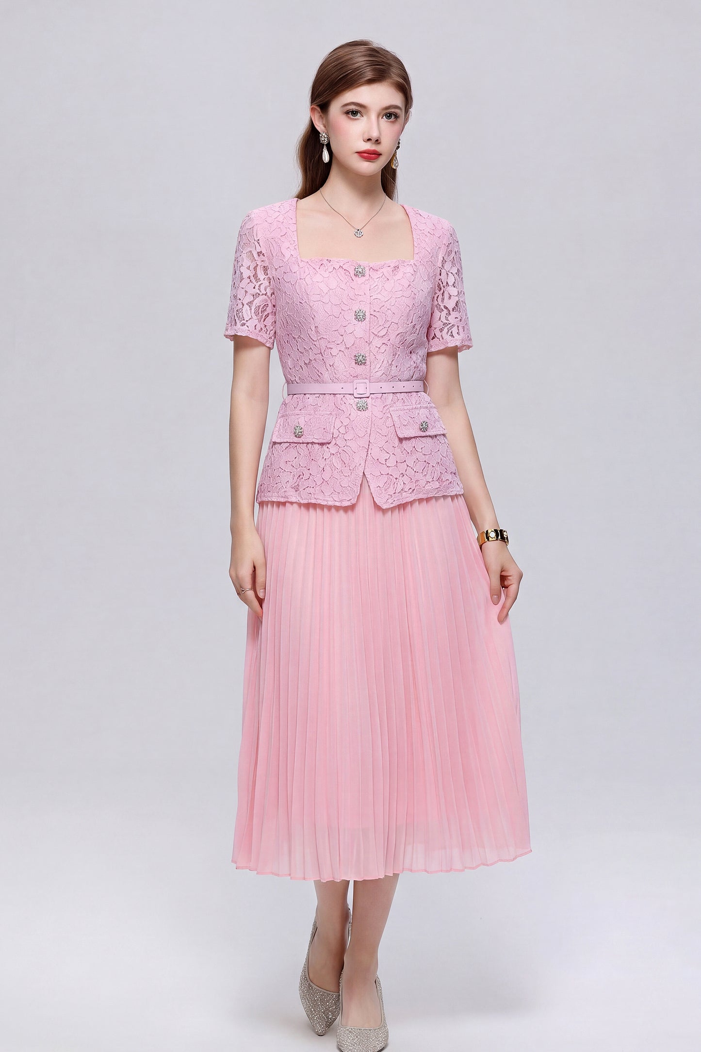 Graceful Square Neck Lace Pleated Button Midi Dress