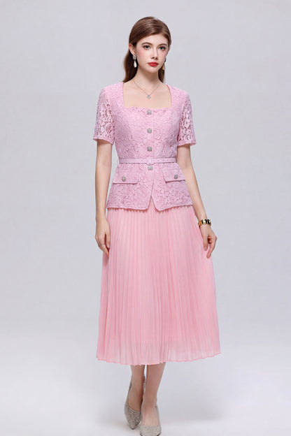 Graceful Square Neck Lace Pleated Button Midi Dress