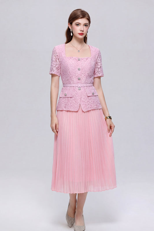 Graceful Square Neck Lace Pleated Button Midi Dress