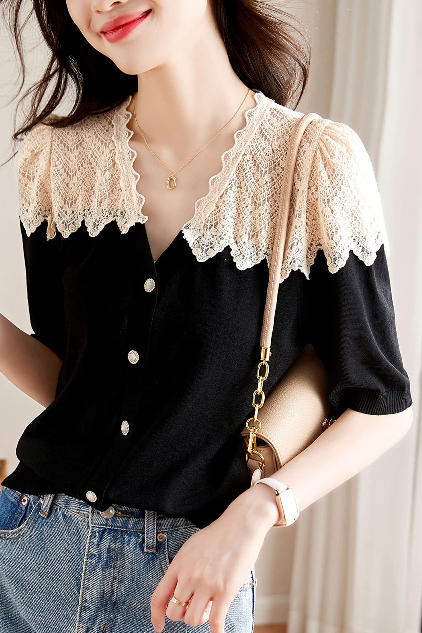 Knit Lace Patchwork Casual Tunic T Shirts