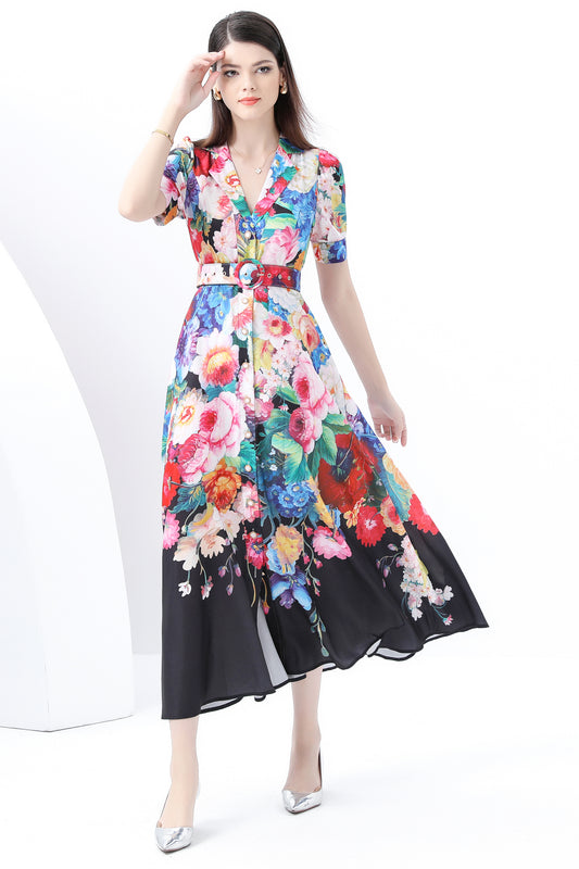 Women's V-Neck Button Floral Print Maxi Dress