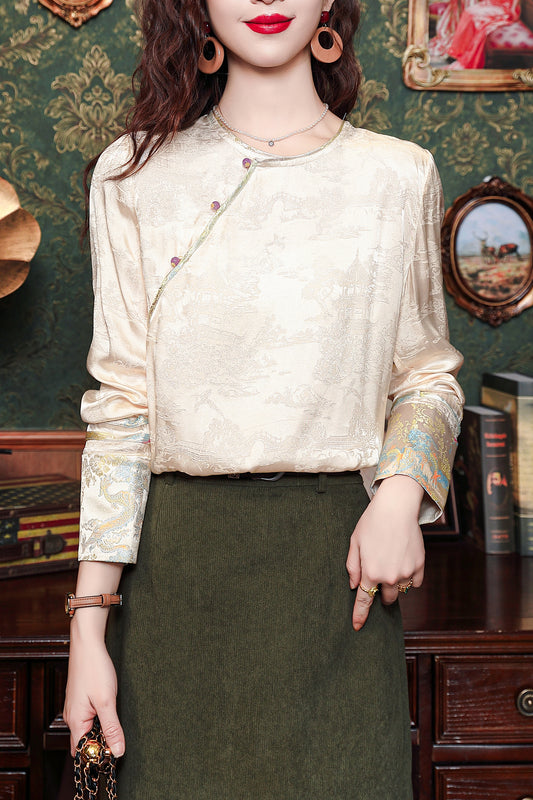 Women's Round Neck Jacquard Embroidery Blouses - LAI MENG FIVE CATS