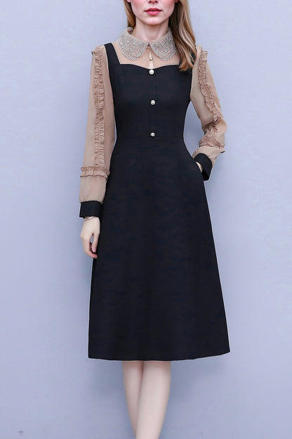Women's Peter Pan Collar Long Sleeve Black Dress with Pocket